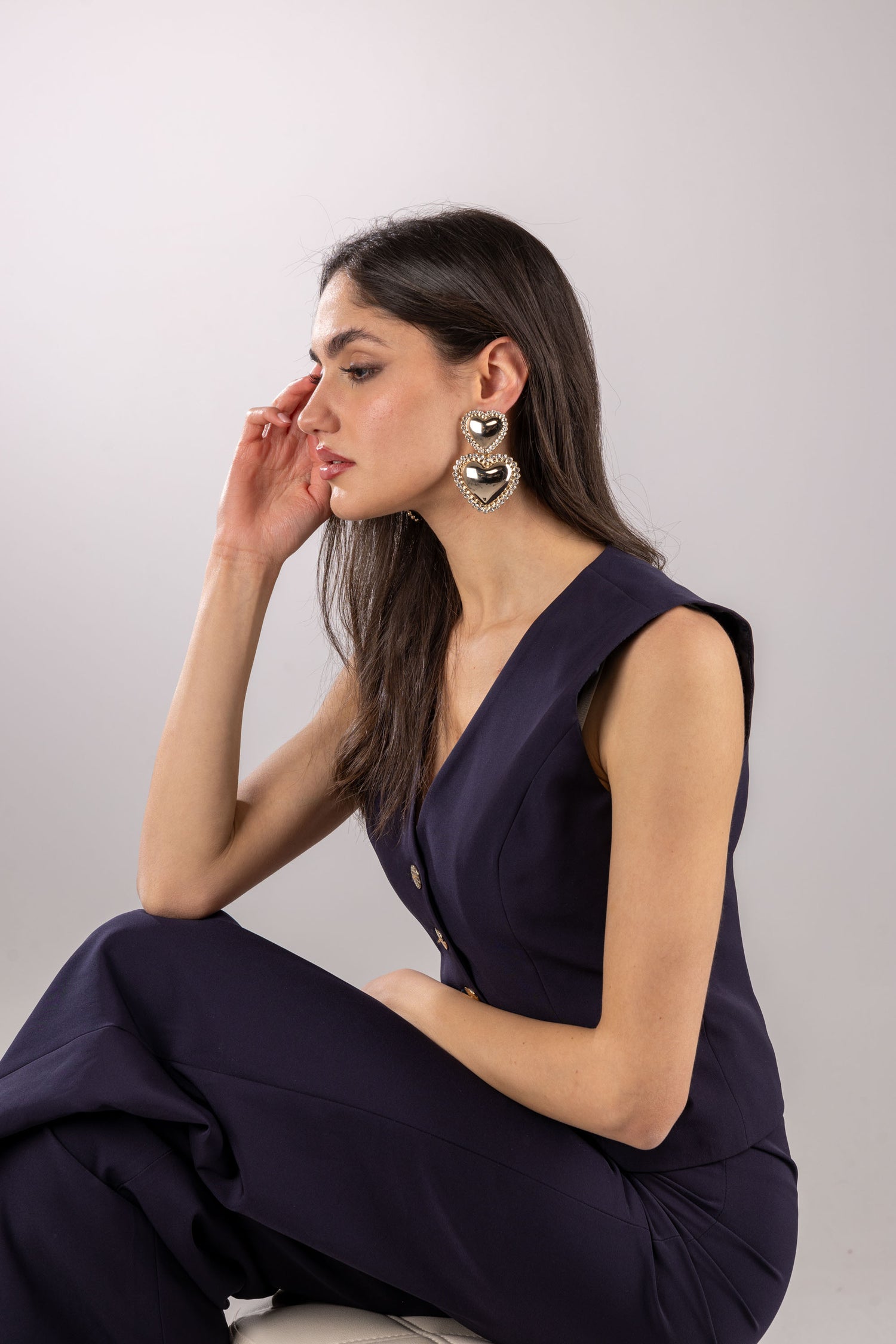 Orecchini doppi cuore con cristalli in Ottone anallergico free nickel Beatrice