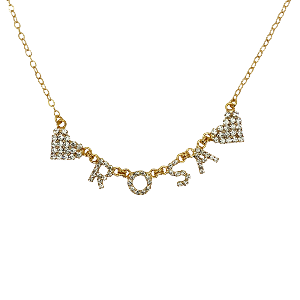 Collana catena ad Anelli Beloved con Nome Strass in stampatello e Cuori