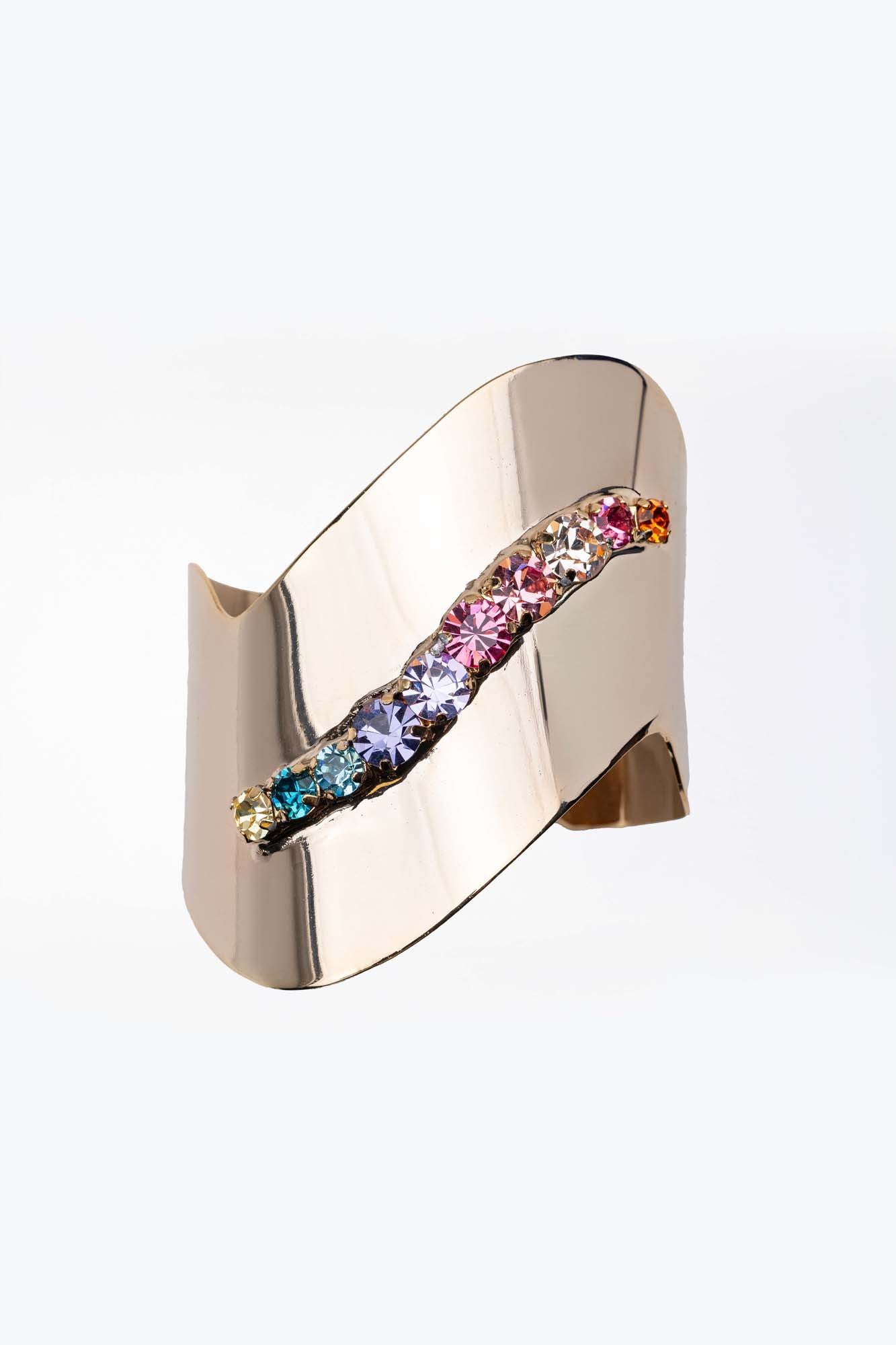 Bracciale Rigido Dorato con Cristalli Multicolor – Onda Cromatica