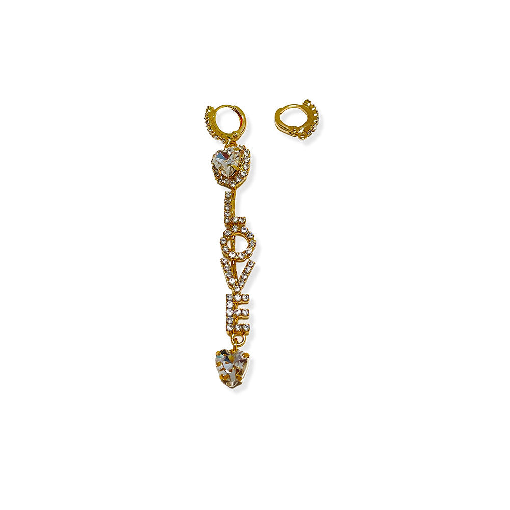 Orecchini Mono Pendente Forever Love Scritta Amore/Love in Strass e con Cuori