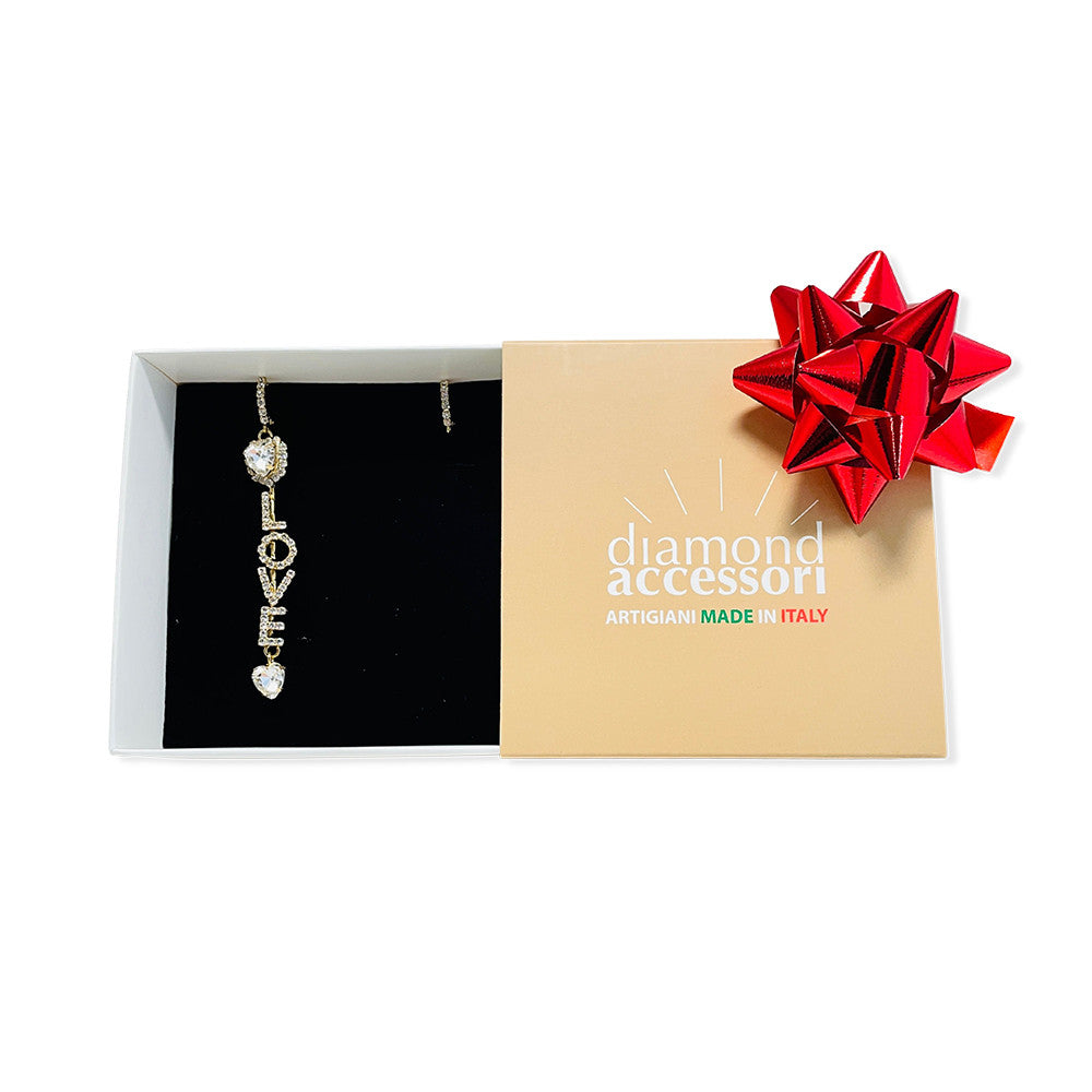 Orecchini Mono Pendente Forever Love Scritta Amore/Love in Strass e con Cuori