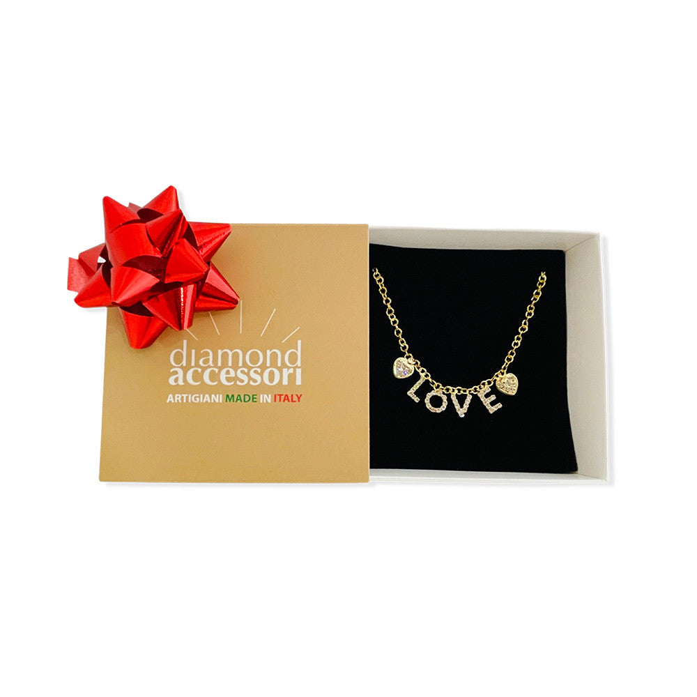 Collana Romantic Love con Scritta Love/Amore e Cuori in Strass