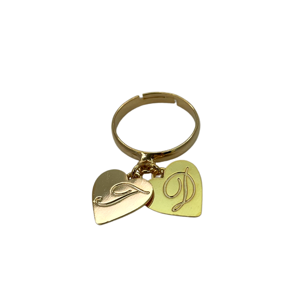 Anello Double Heart Doppio Cuore con Lettera in Corsivo Incisa