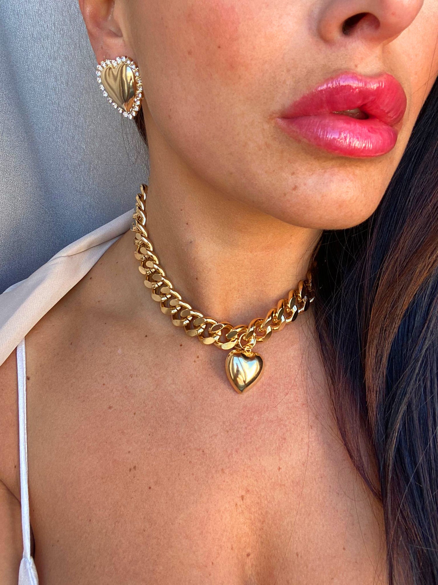 Collana Catena Grumette Grande Strong Heart con Cuore Metallo Bombato Pendente