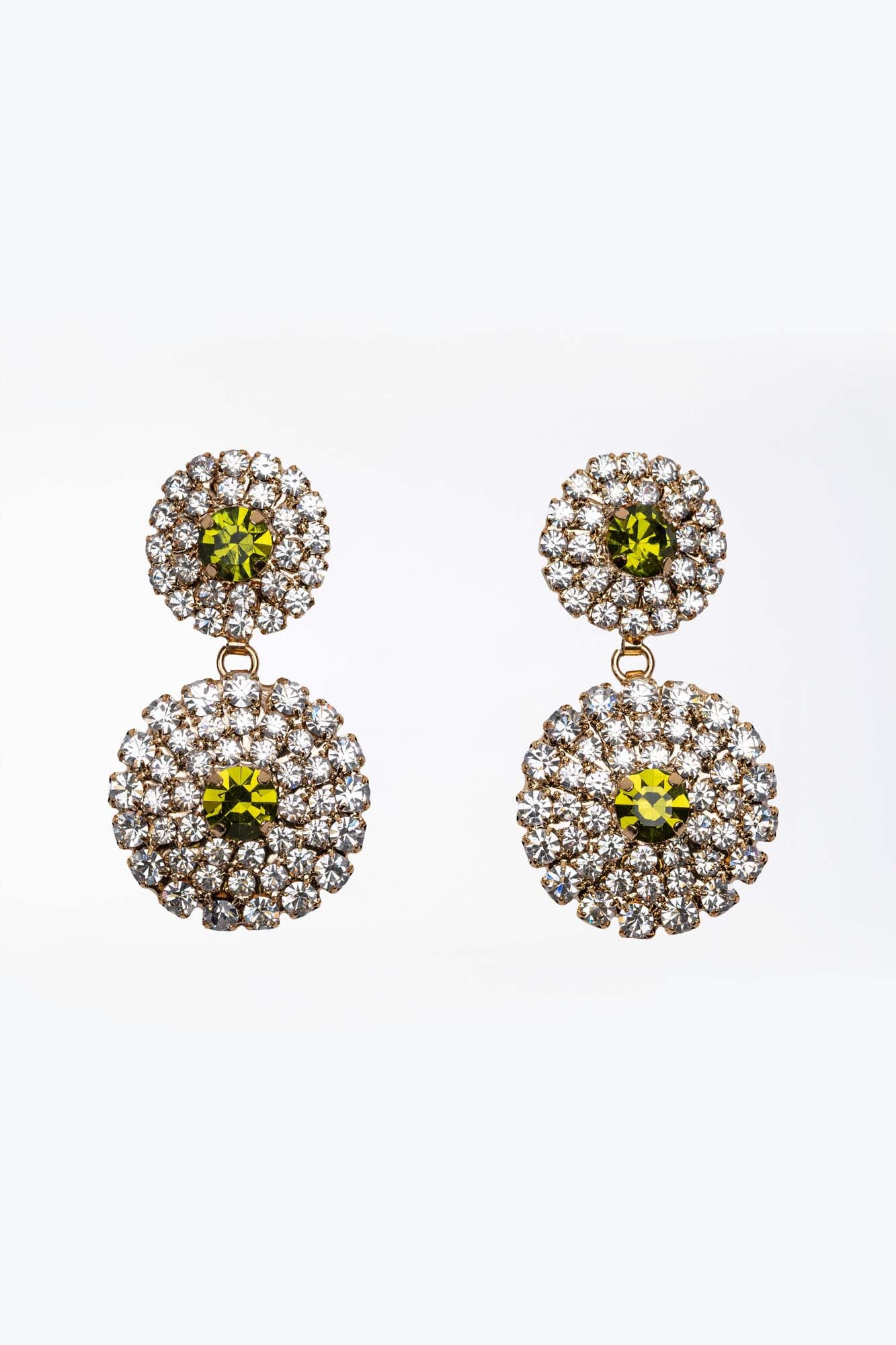 Orecchini Incanto di Cristallo con Strass e Pietre Olivine in oro