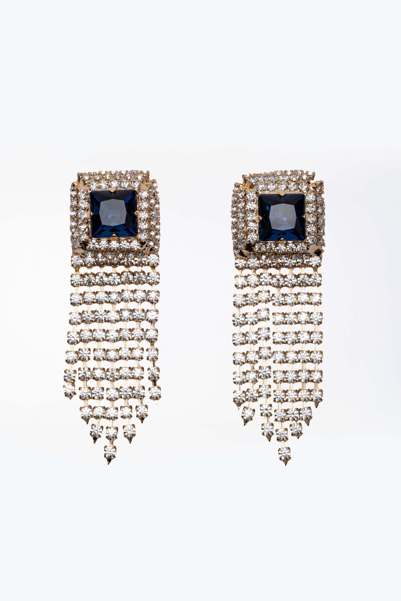 Orecchini Cascata Reale – Strass dorati e pietra blu zaffiro