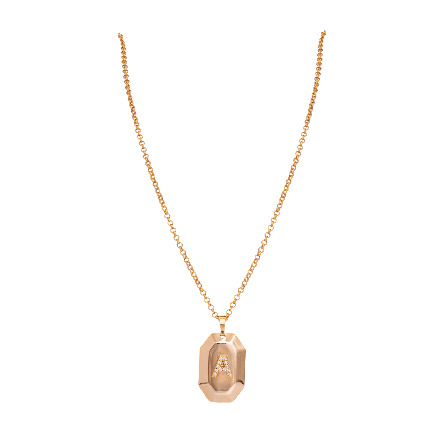Collana Catena Rollo' Saldata Con Metallo Lavorato E Lettera In Zirconi Lingotto Con Iniziale