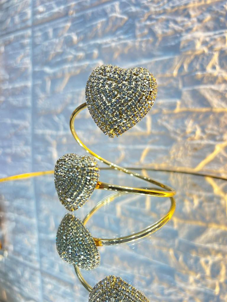 Bracciale Doppio Cuore "AMBRA" in Strass con base bracciale rigida e regolabile in ottone antiallergico