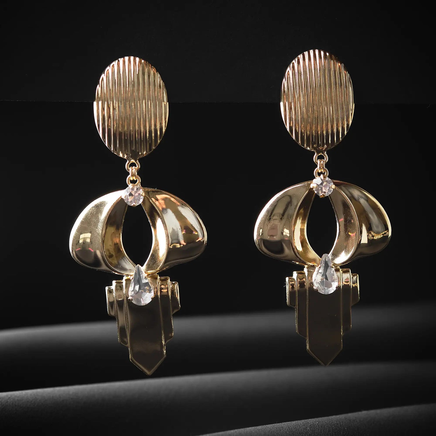 Orecchini Doppio Pendente in Ottone con Strass Ovale - Splendore in Oro e Argento