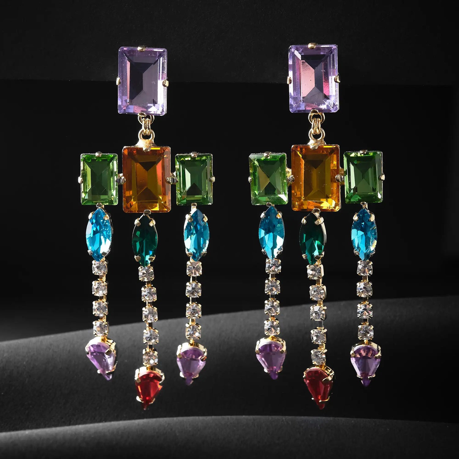Orecchini a Catena con Frange e Strass Pendenti in Ottone - Fascino Scintillante in Oro e Argento