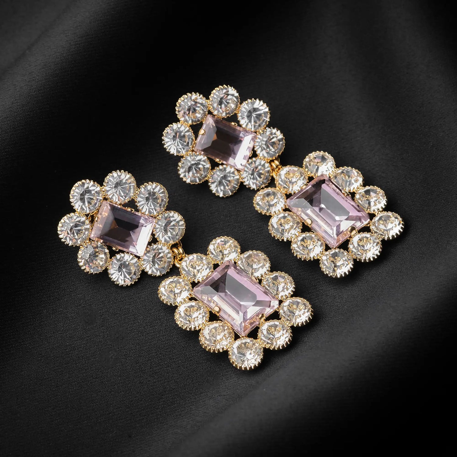 Orecchini Doppio in Ottone con Fiore e Quadrato - Scintillio Multicolore con Strass Crystal e Pietre