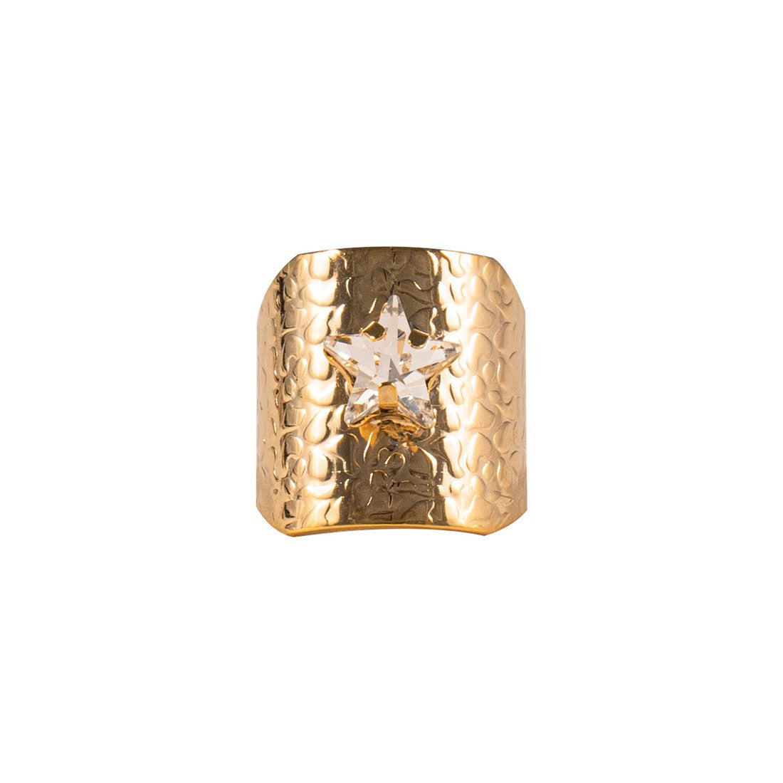 Anello fascia larga martellata con dettaglio stella grande in pietra