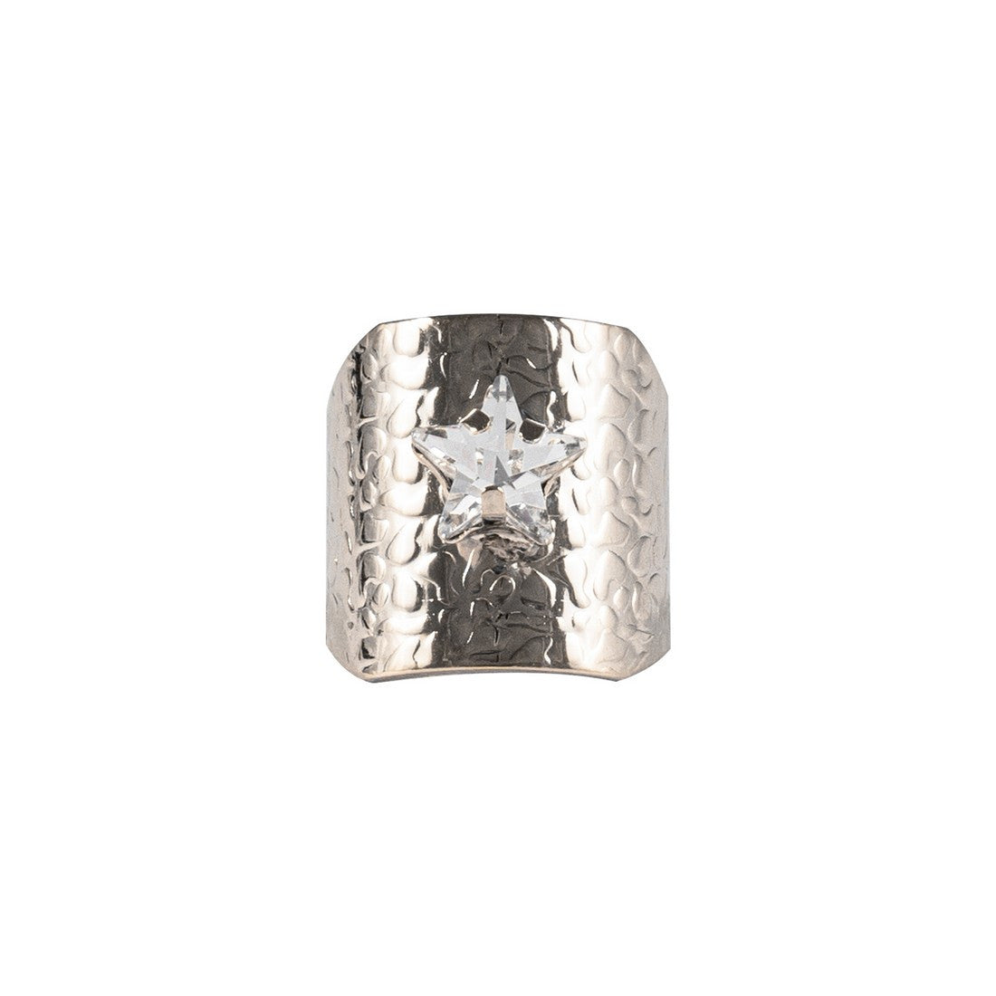 Anello fascia larga martellata con dettaglio stella grande in pietra