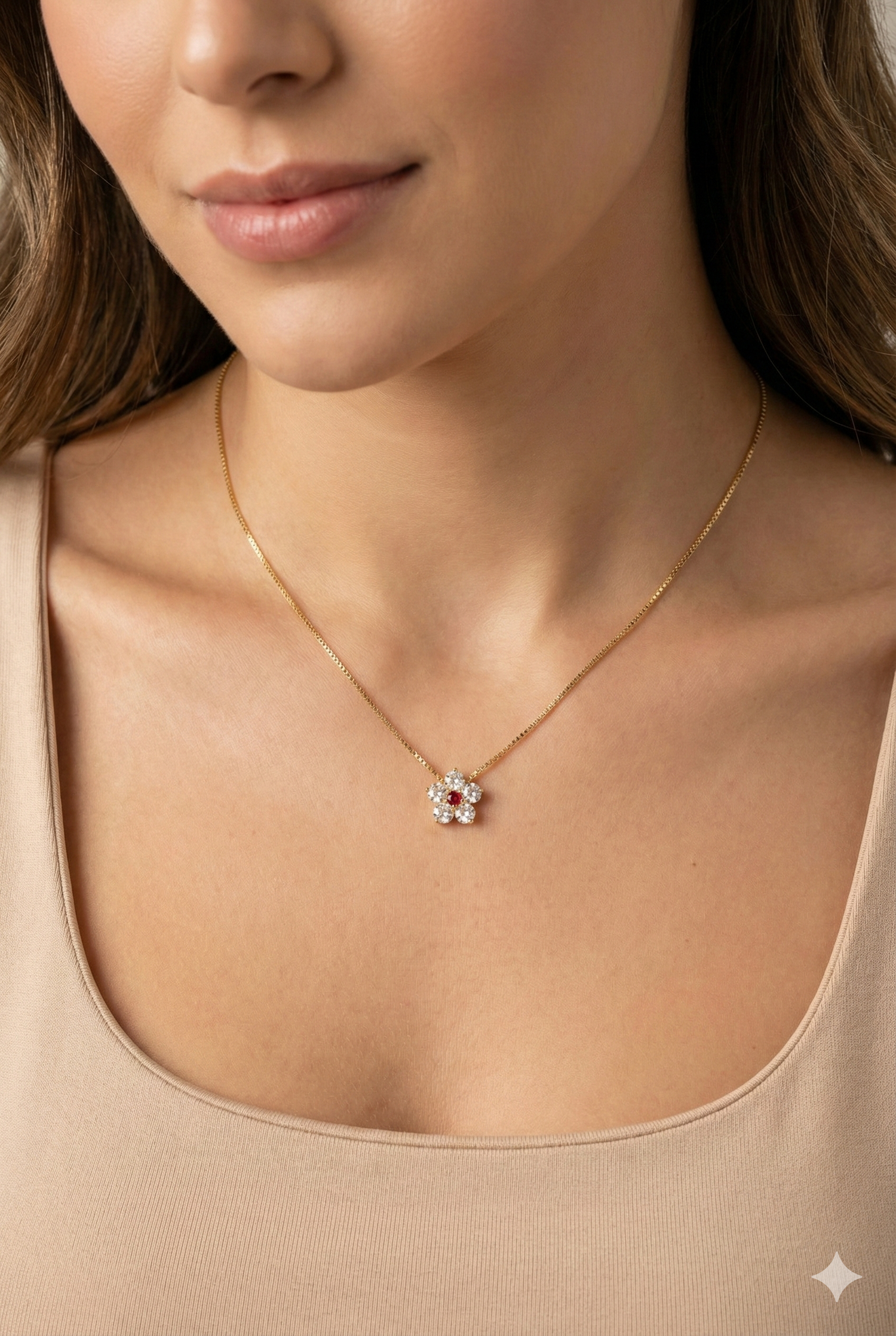 Collana Fiore Dorato con Zirconi e Punto Luce Rosso Red Bloom