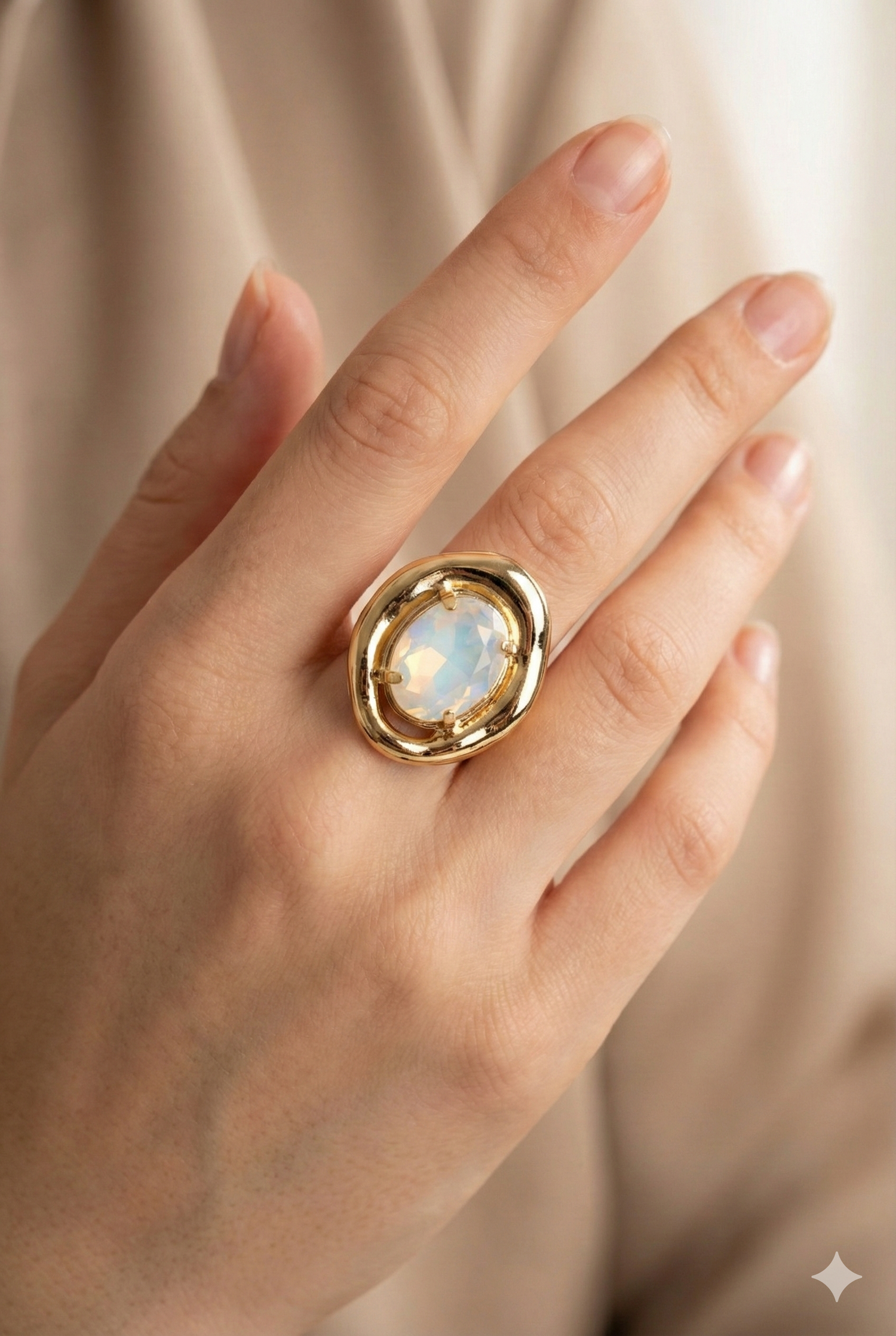 Anello Bottone Placcato Oro con Cristallo Opalescente Eira